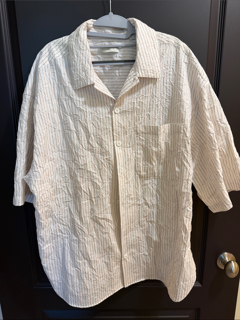 Relaxed Cream Short-Sleeve open collar Shirt with Subtle Pinstripes